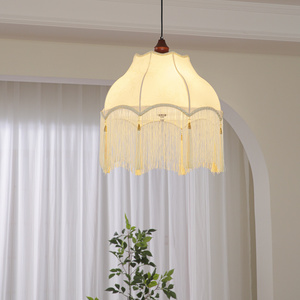 Fringe Tassel Pendant Light French Retro Scalloped Linen LED Chandelier Vintage Wabi-sabi Wood Orb Hanging Lamp